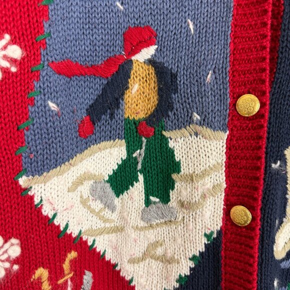 Christopher & Banks Vtg Y2k Ice Skating Cardigan Large Hand Embroidered Cotton - Picture 10 of 12
